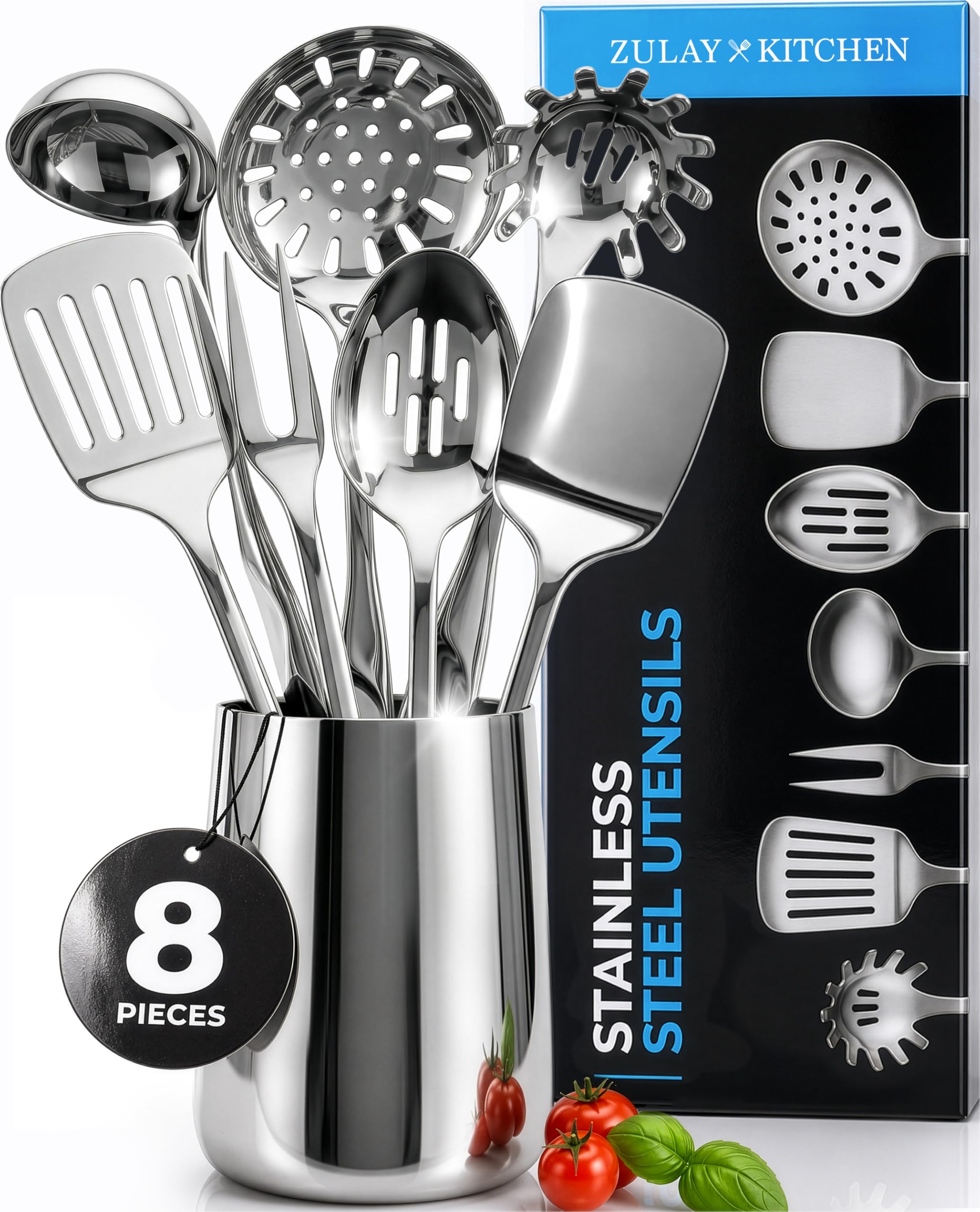 Zulay Kitchen stainless set front view showing complete 8-piece collection and polished finish