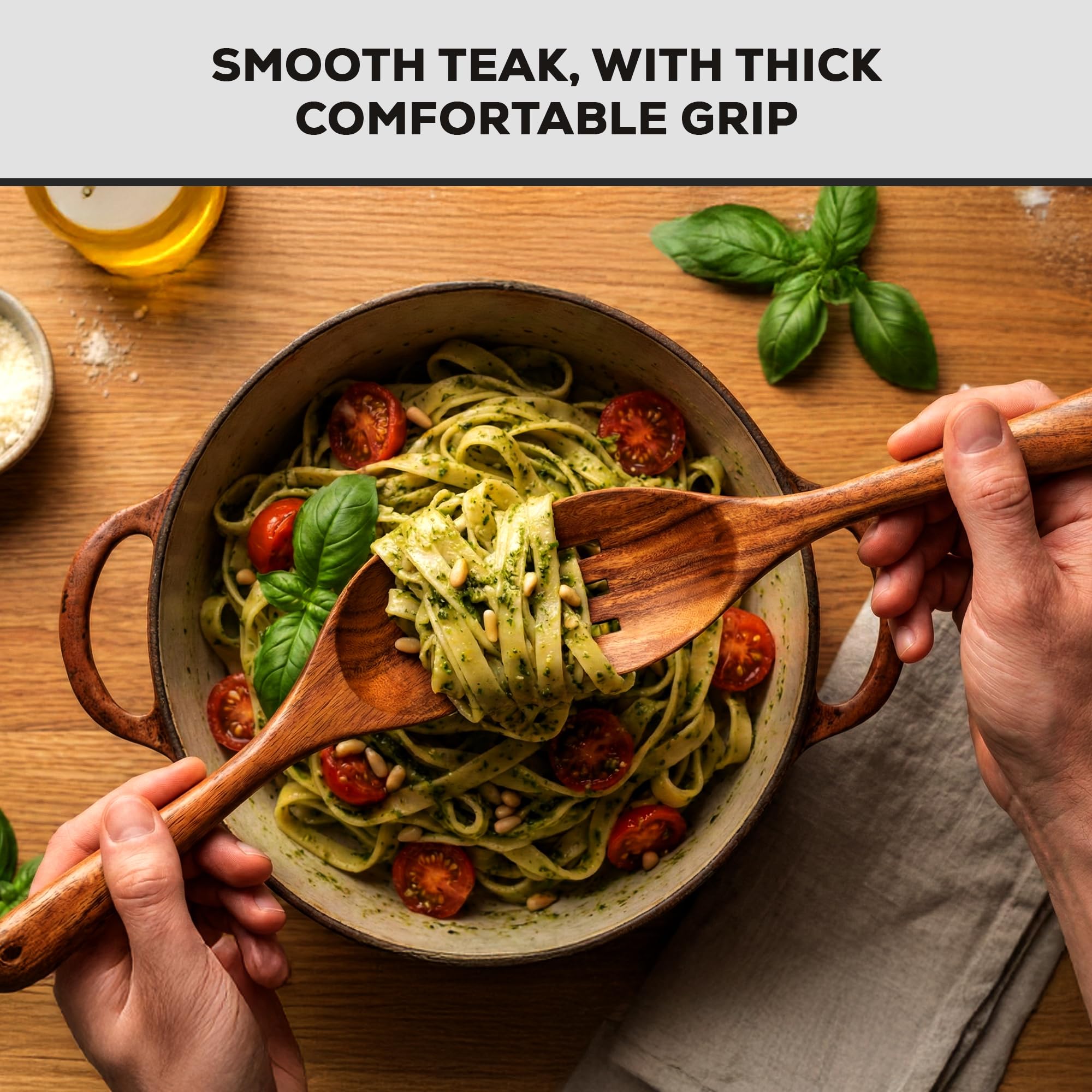 Zulay Kitchen utensils beside nonstick pan showing safe, scratch-free stirring benefit