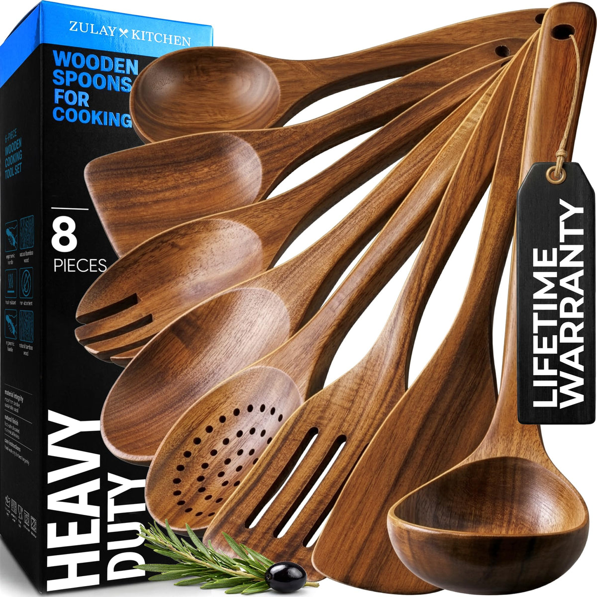 Zulay Kitchen front view of eight wooden utensils showing cohesive set and finish benefit