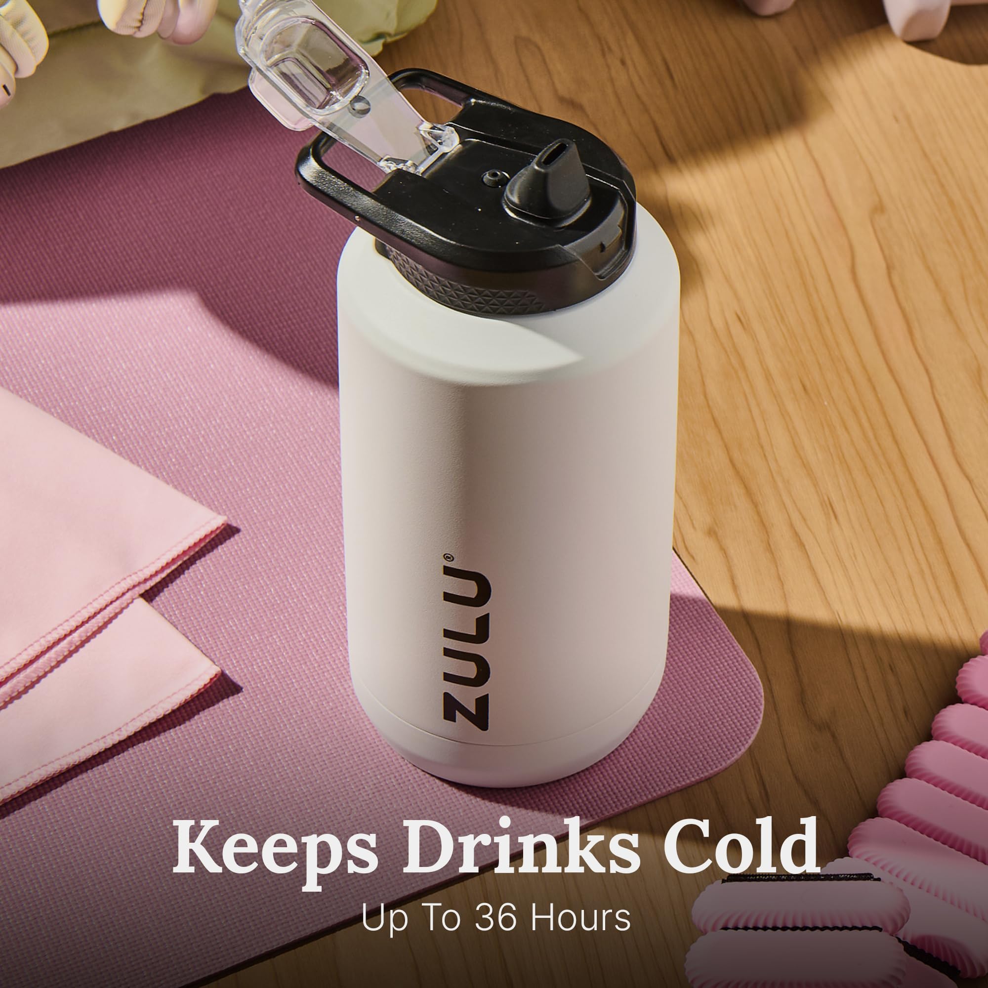 ZULU wide mouth with ice demonstrating easy refills and cooling advantage