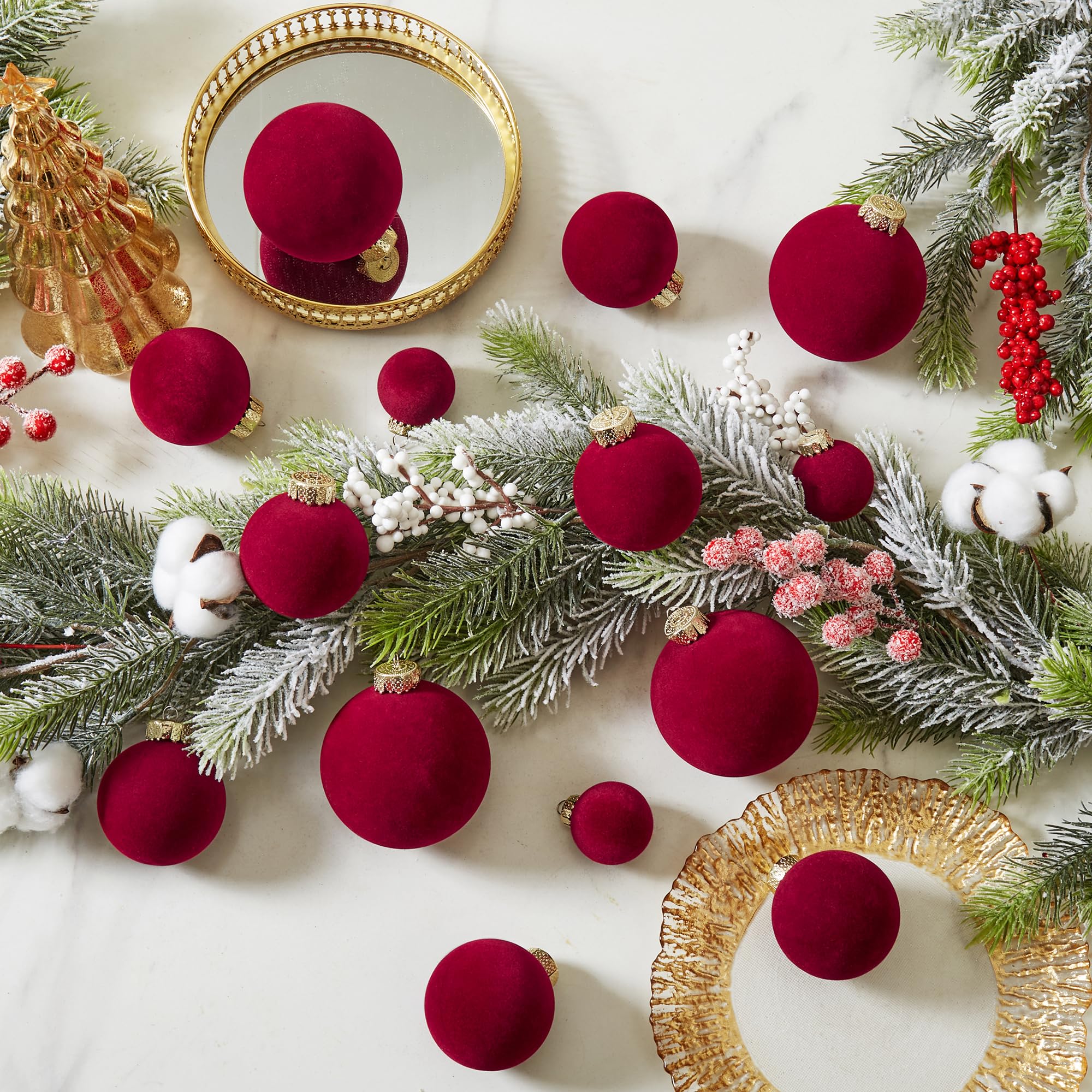 ZVAVH tabletop centerpiece with velvet ornaments creating elegant holiday ambiance