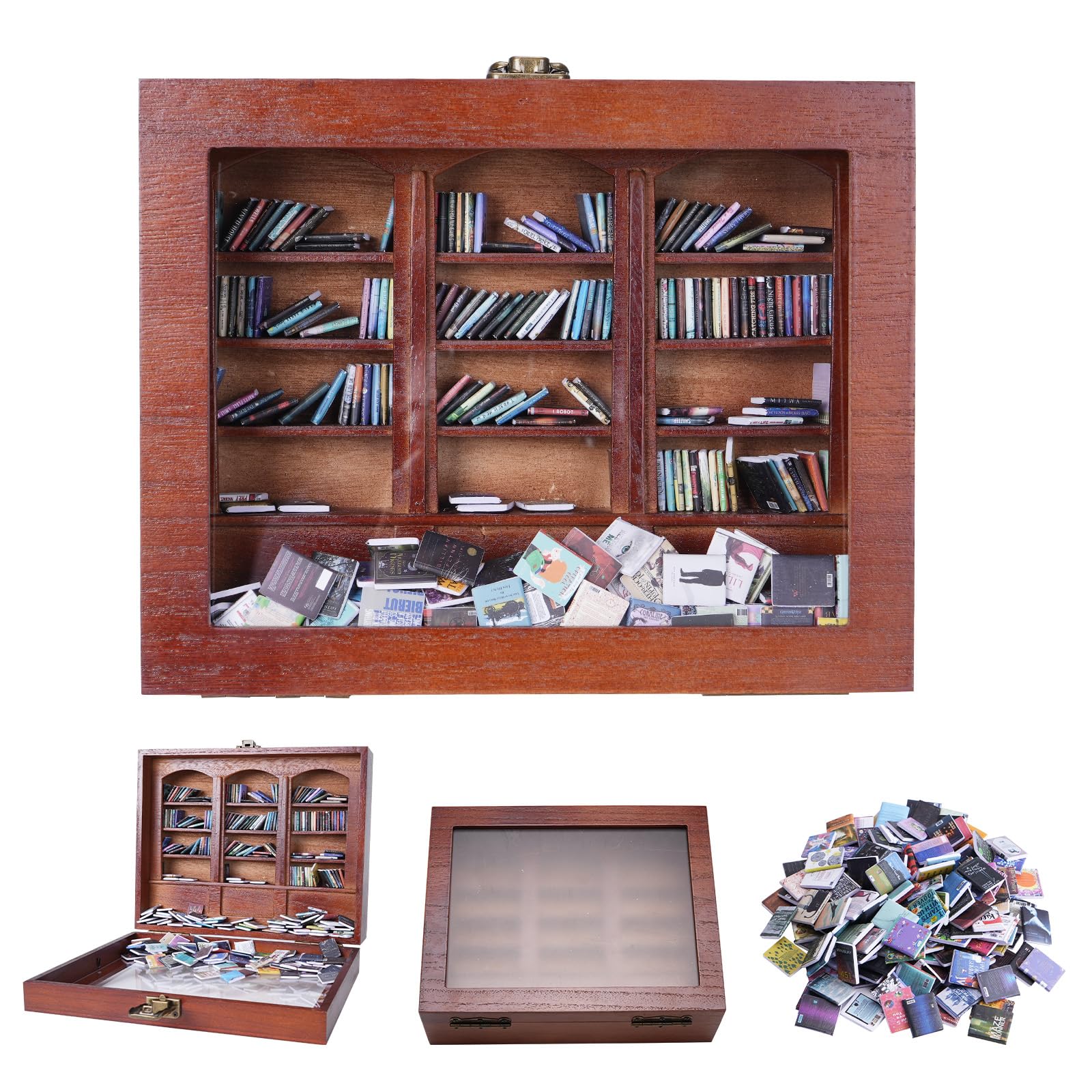 ZVCAQ front view bookshelf showing full miniature book display and charm