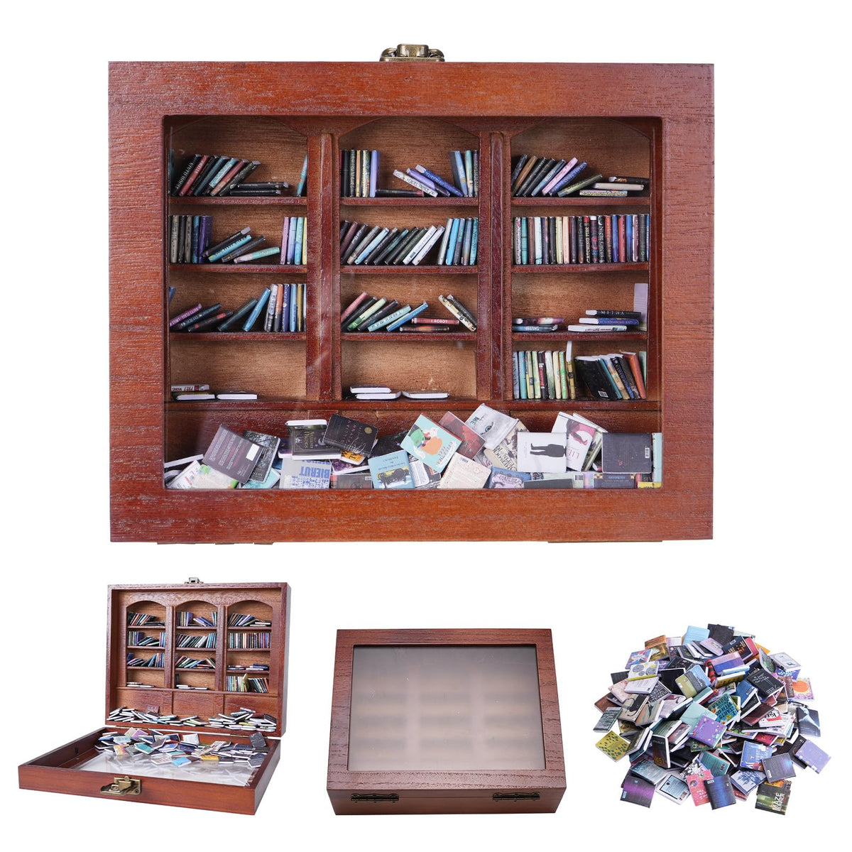 ZVCAQ front view bookshelf showing full miniature book display and charm