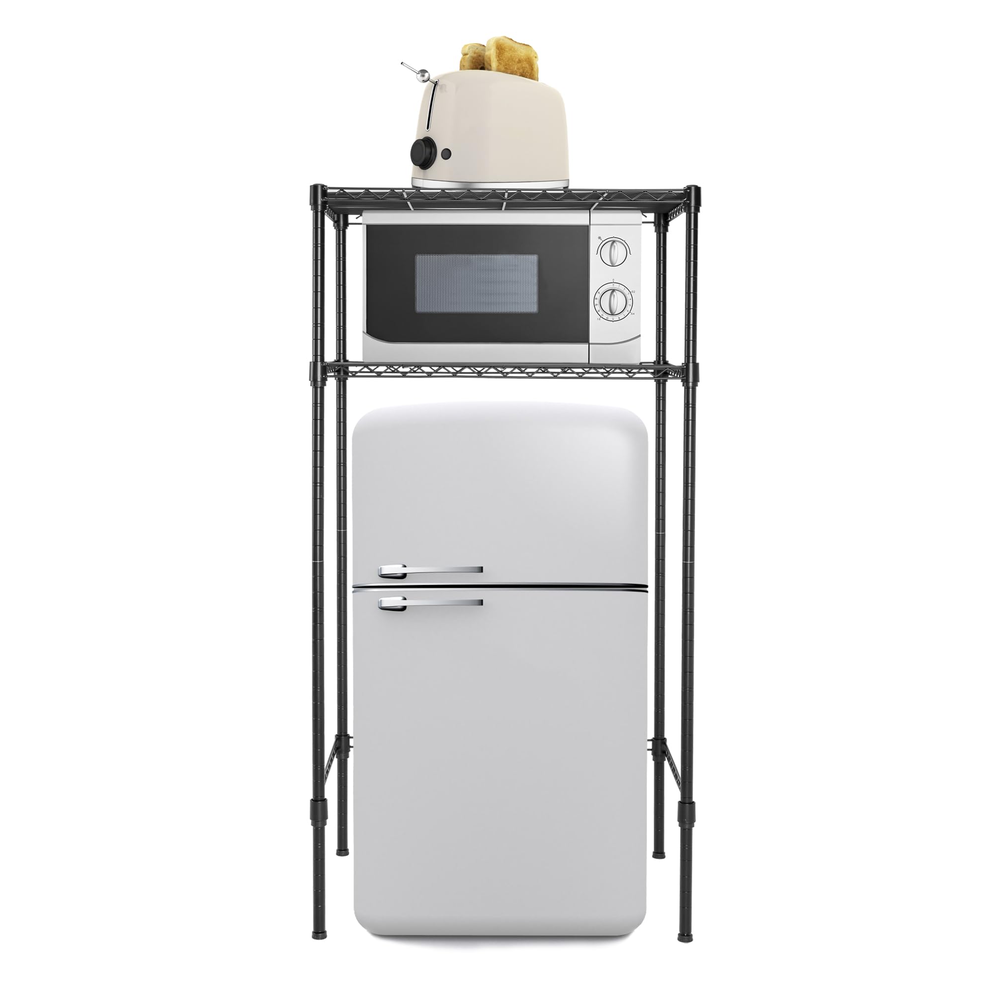 Zvyteay with fridge and microwave on shelf demonstrating organized dual-appliance setup