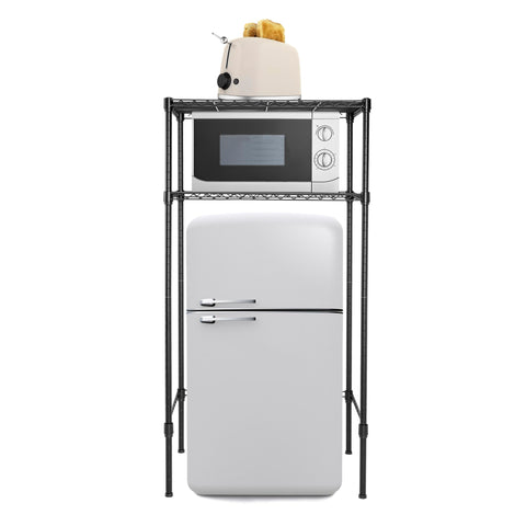 Zvyteay with fridge and microwave on shelf demonstrating organized dual-appliance setup
