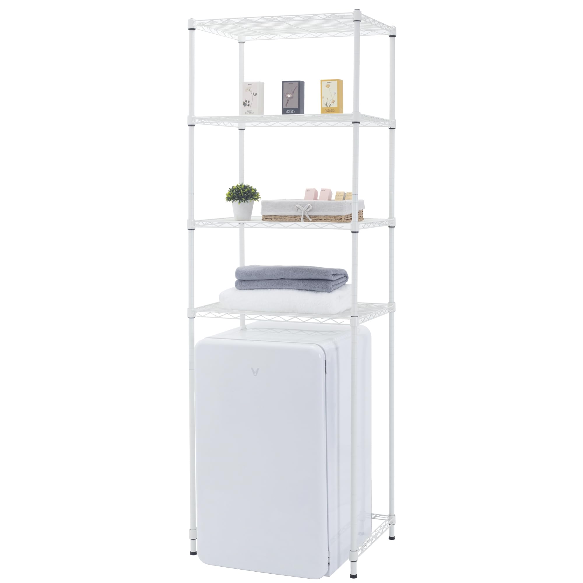 Zvyteay front view of white 4-tier rack showing space saving benefit