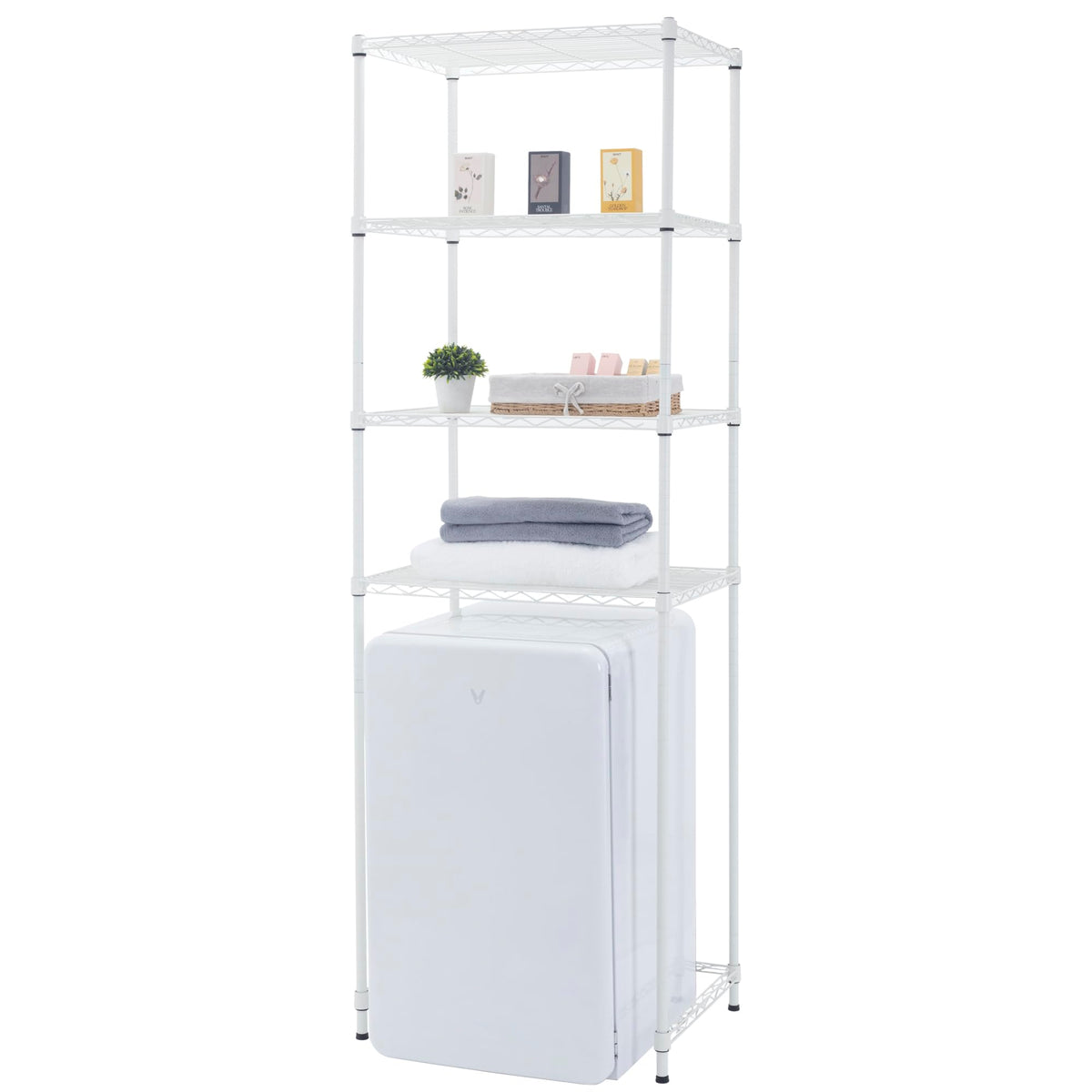 Zvyteay front view of white 4-tier rack showing space saving benefit
