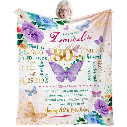 ZWERIVP 80th birthday blanket front view showing butterflies and flowers for a sentimental gift