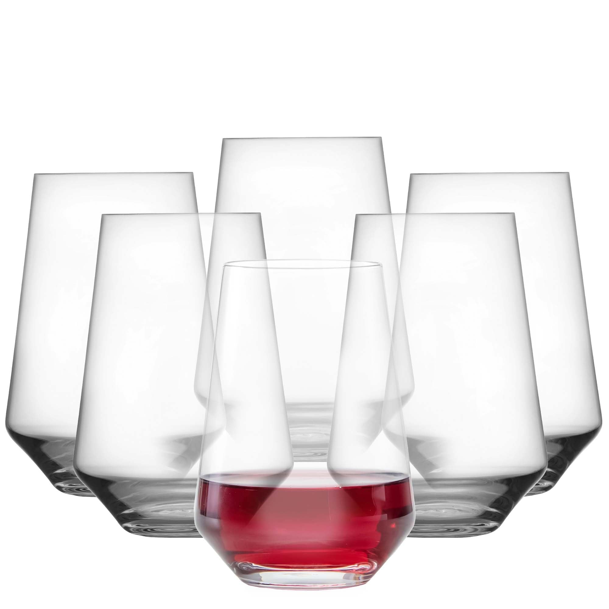 Zwiesel Glas Pure stemless Bordeaux front view showing elegant silhouette and clarity benefit