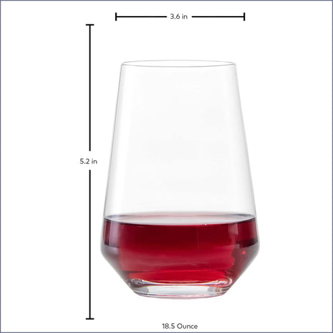 Zwiesel Glas Pure beside hand for scale showing 18.5 oz capacity and comfortable hold benefit