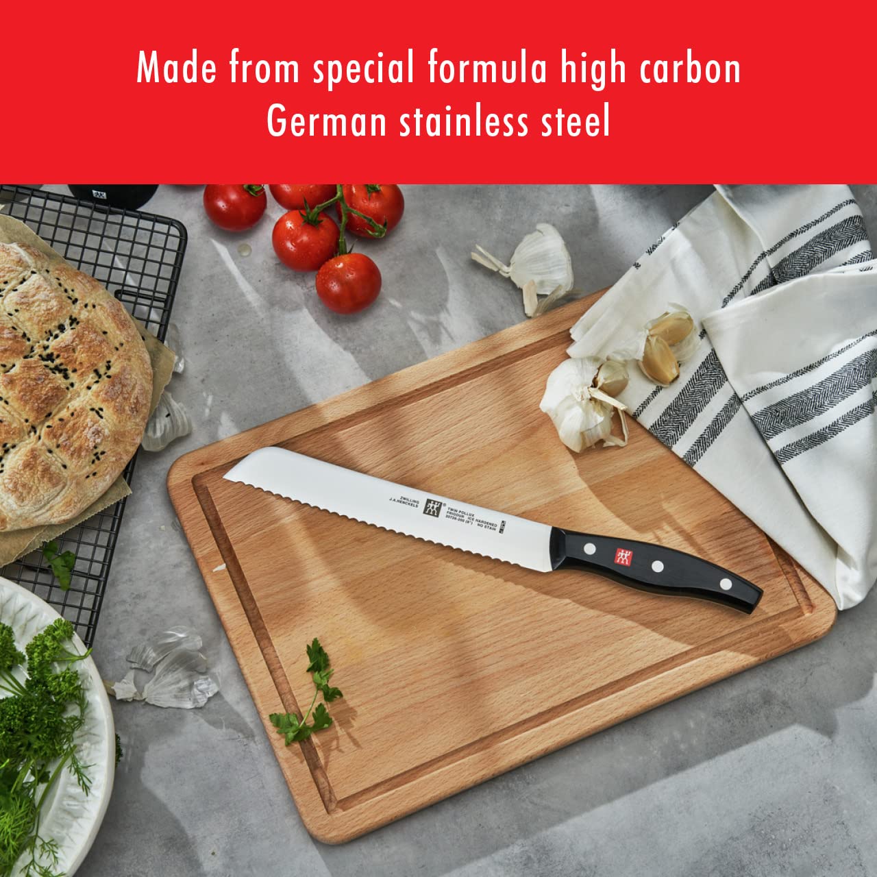 ZWILLING blade close-up highlighting FRIODUR finish and longer edge life