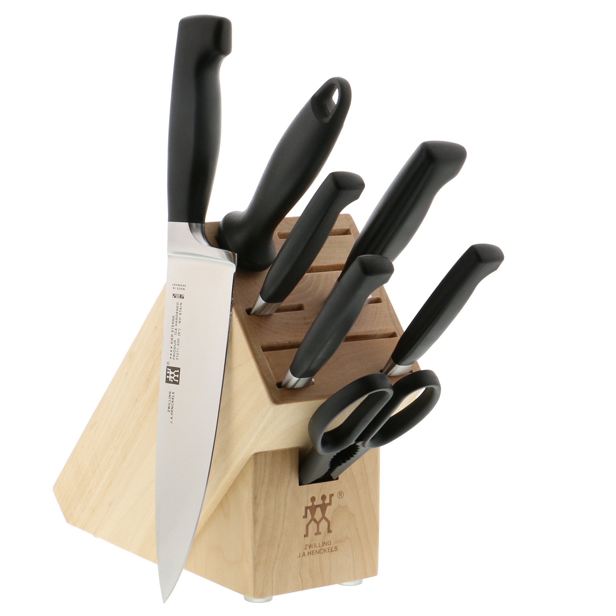 ZWILLING Four Star front view showcasing full knife set and block for organized storage