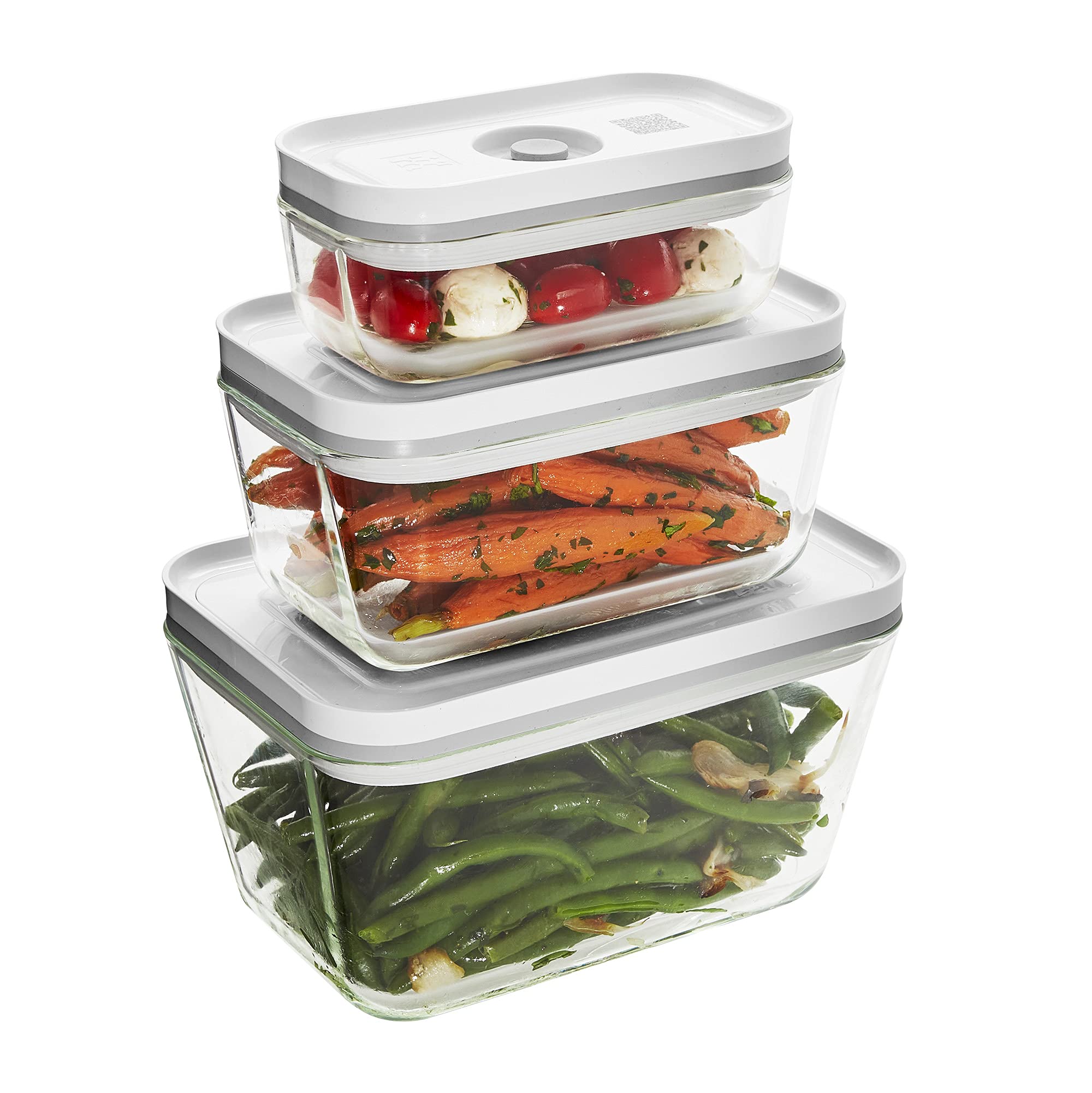 ZWILLING glass set front view showing three vacuum containers and lids, durable serving