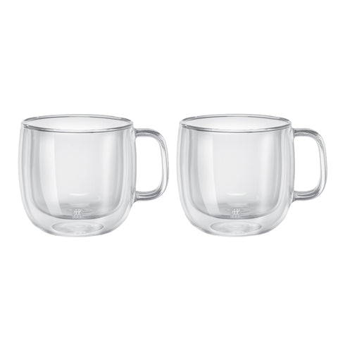 ZWILLING Sorrento Plus front view showing two clear cappuccino mugs and elegant presentation