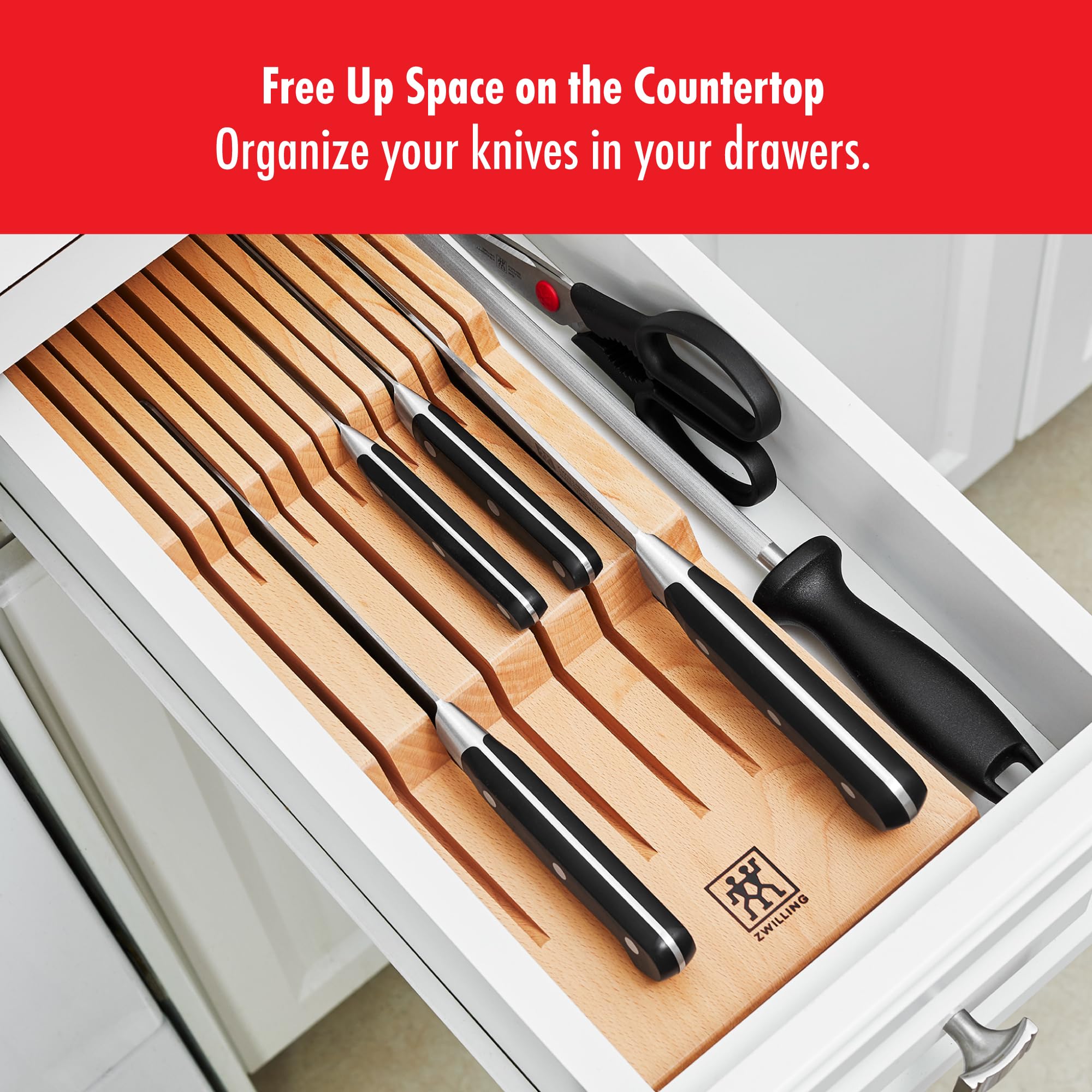 ZWILLING tray placed in an open kitchen drawer showing neat tuck-away benefit