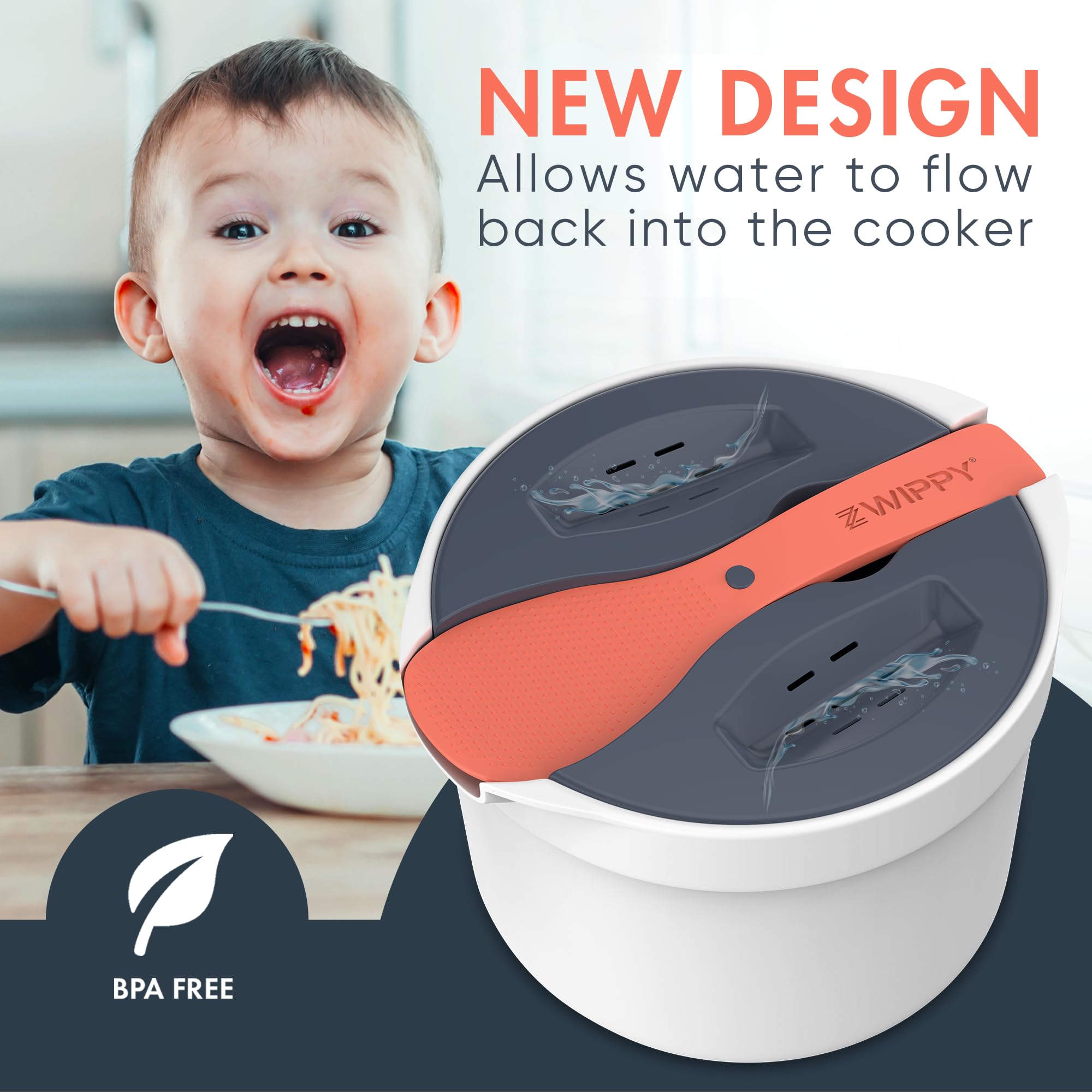 Zwippy built-in colander detail enabling mess-free pasta draining