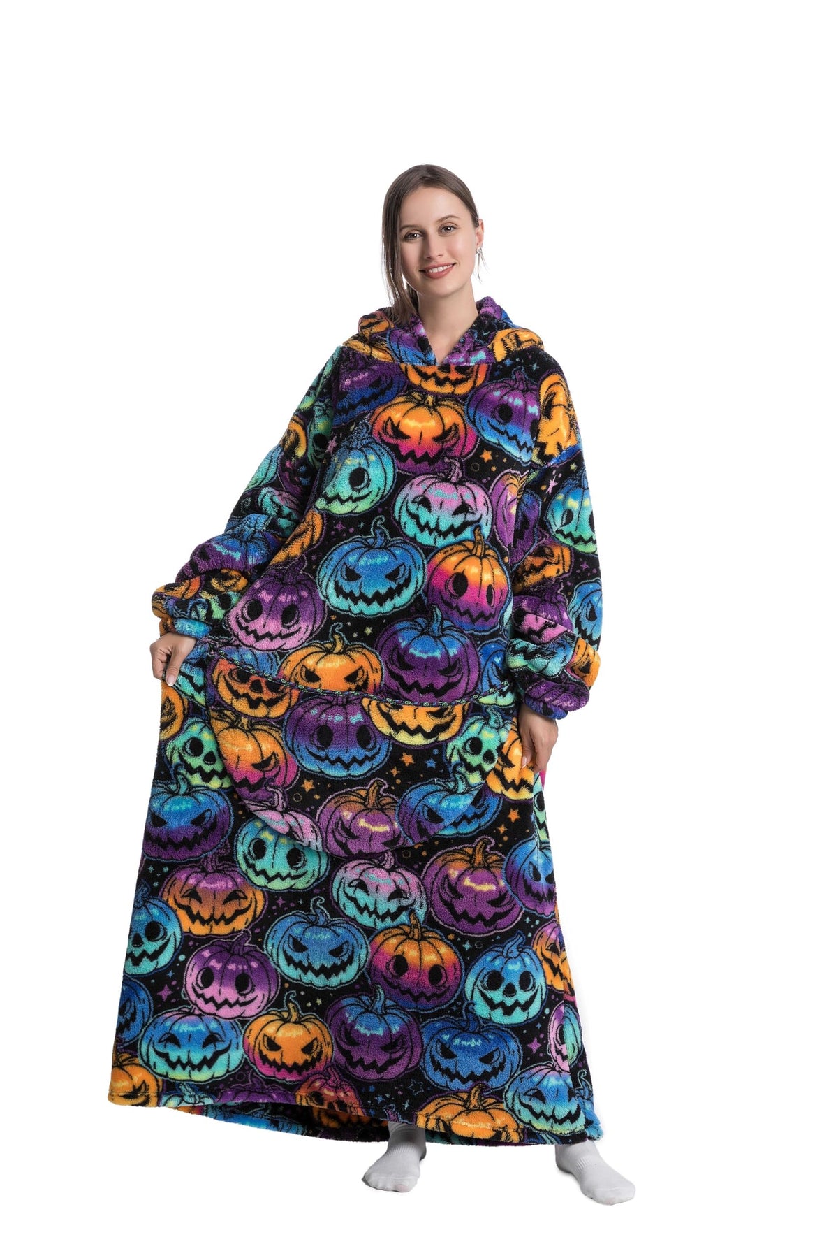 ZXIMU blanket hoodie front view showing full-length coverage and cozy look