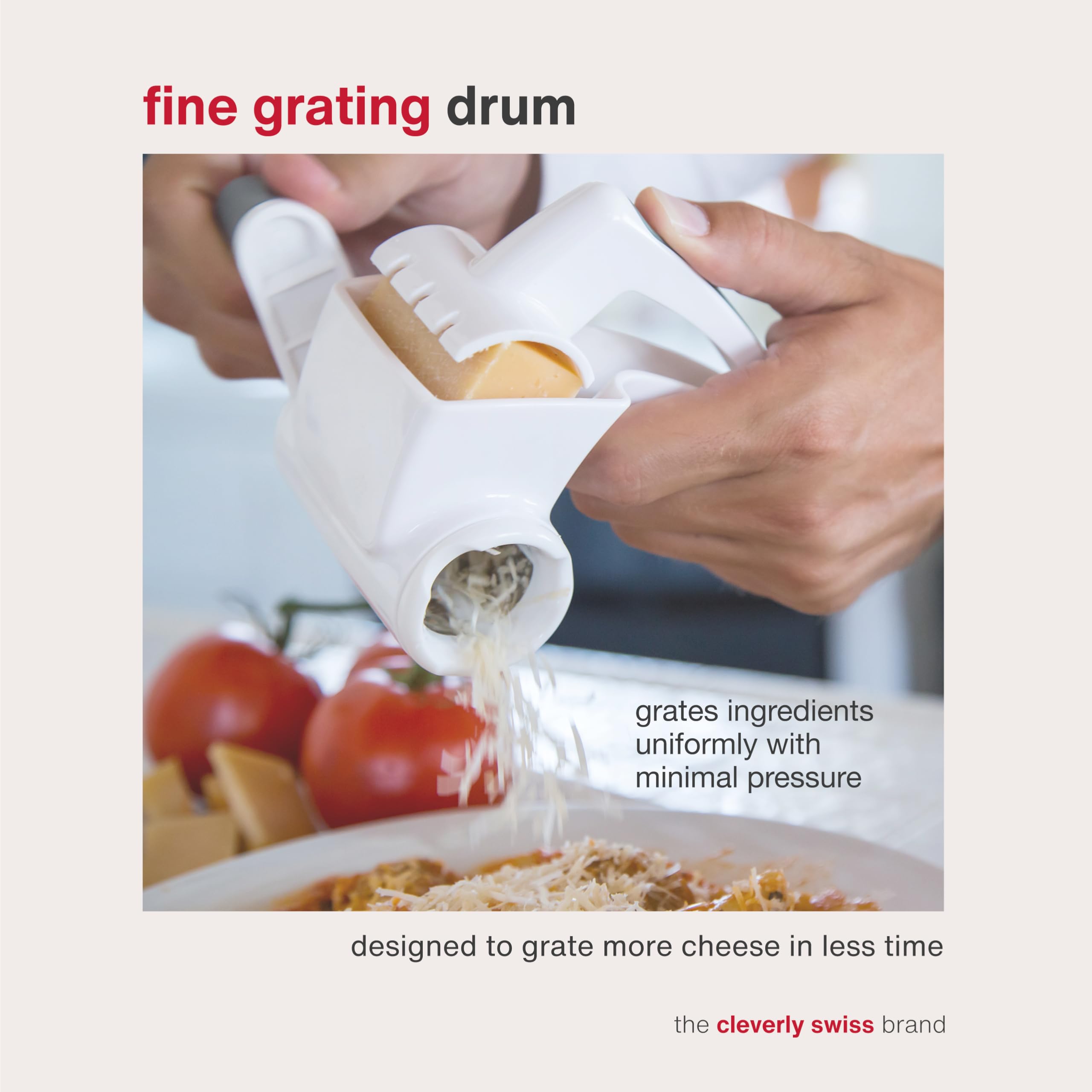 Zyliss rotary grater drum close-up, sharp stainless surface for consistent shredding