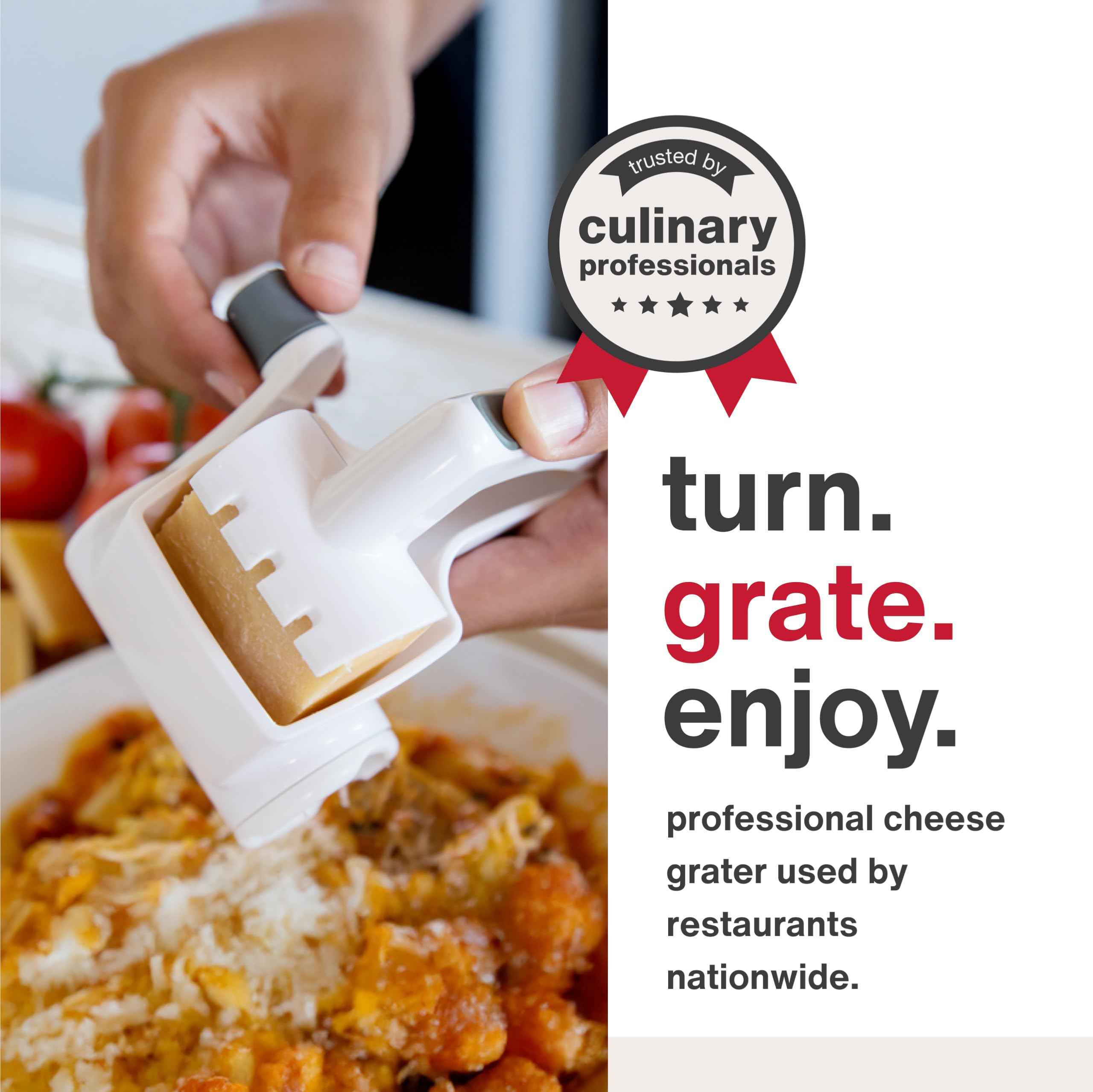 Zyliss rotary grater folded for storage, compact design saves cupboard space