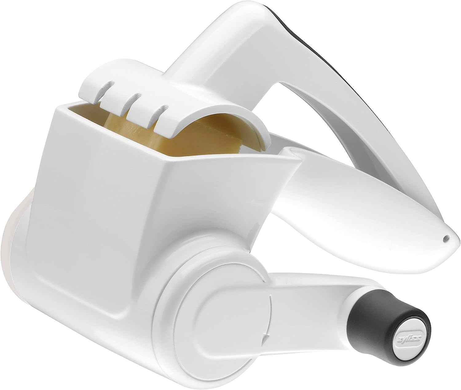 Zyliss rotary grater front view showing sturdy frame and crank, durable for frequent use