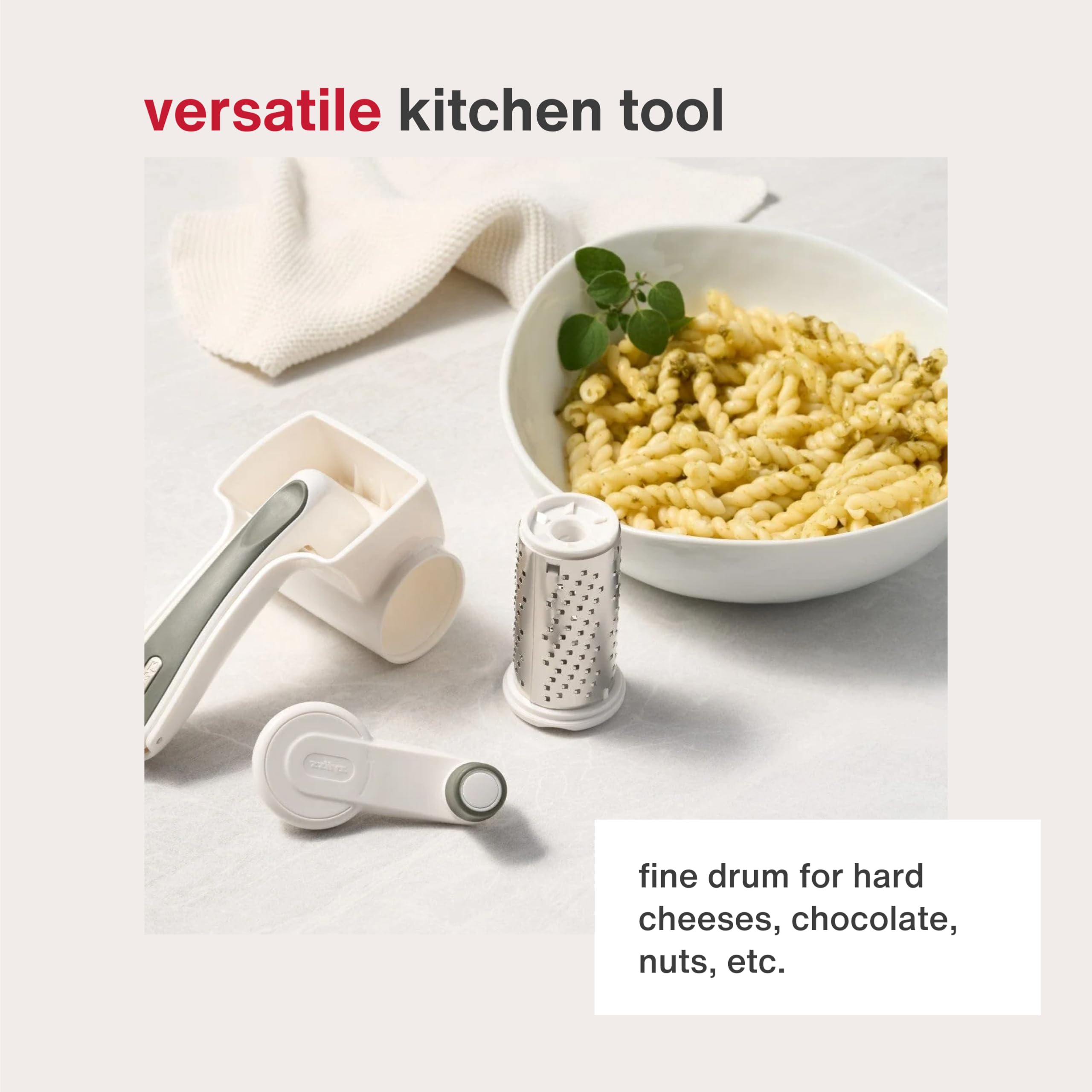 Zyliss rotary grater grating cheese in kitchen, fast and safe food prep