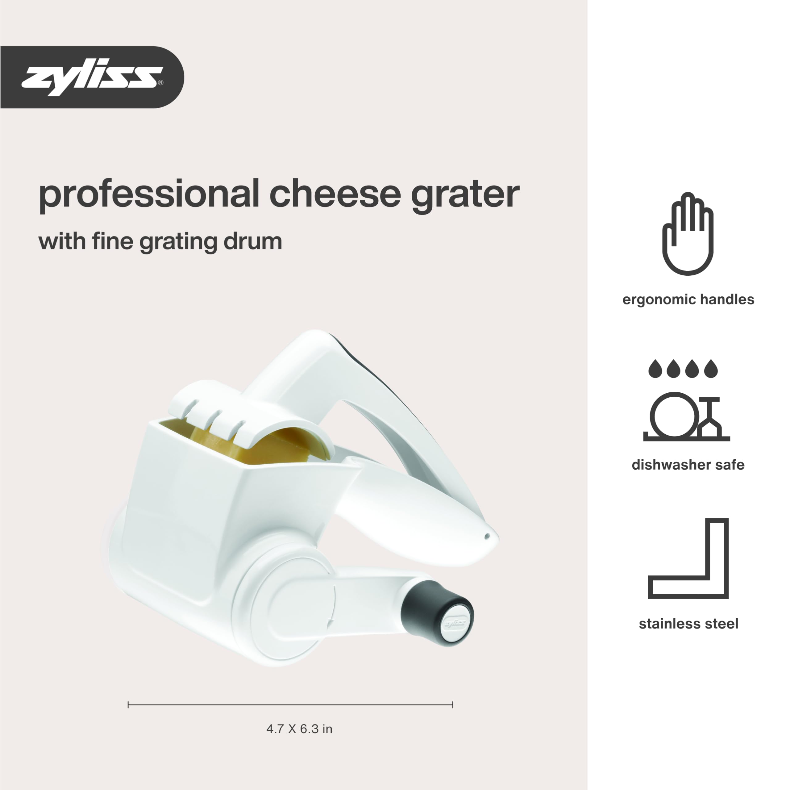 Zyliss rotary grater bowl with shredded cheese, even texture for recipe finishing