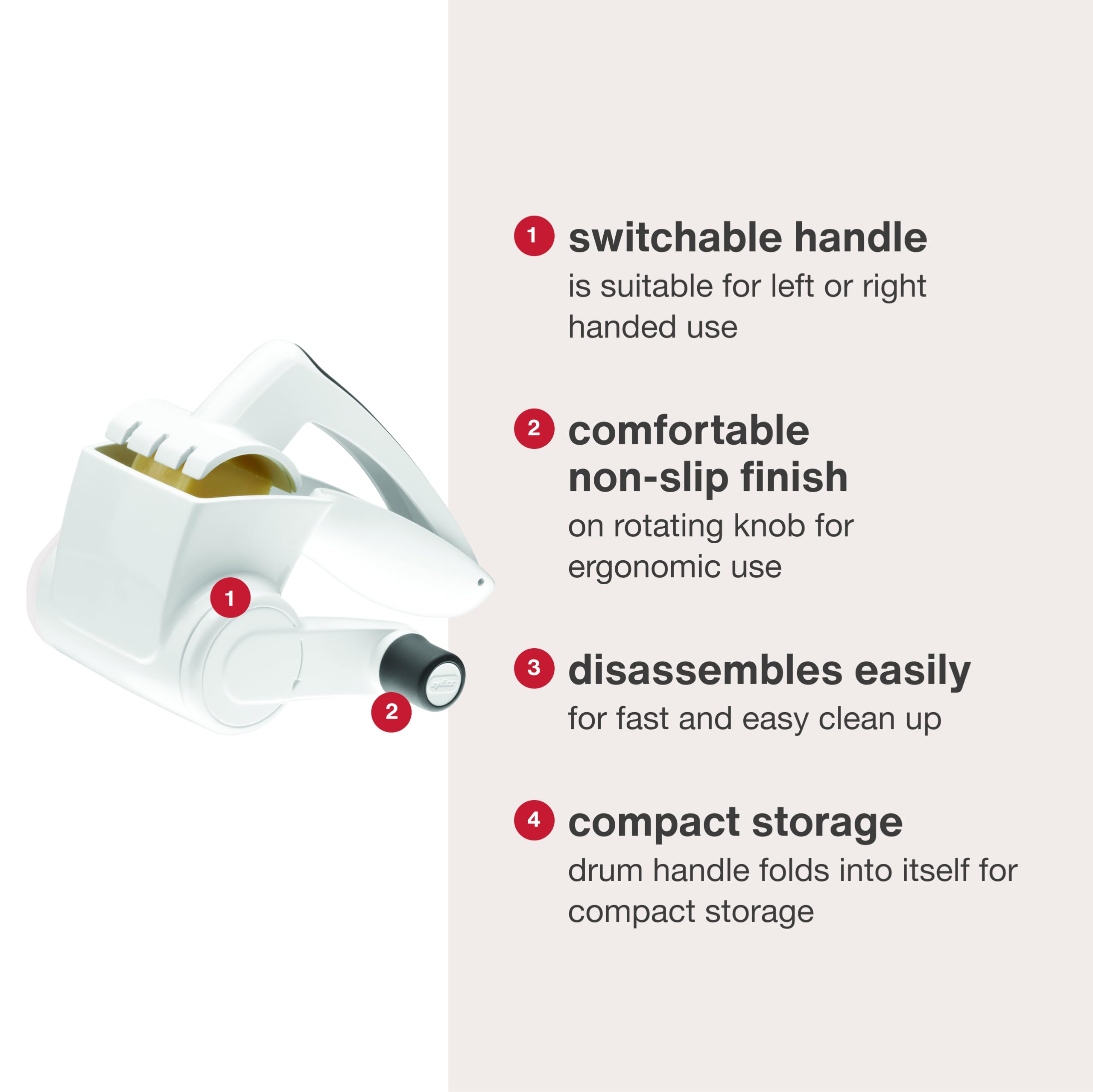 Zyliss rotary grater non-slip knob detail, ergonomic grip improves control