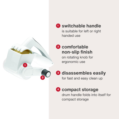 Zyliss rotary grater non-slip knob detail, ergonomic grip improves control