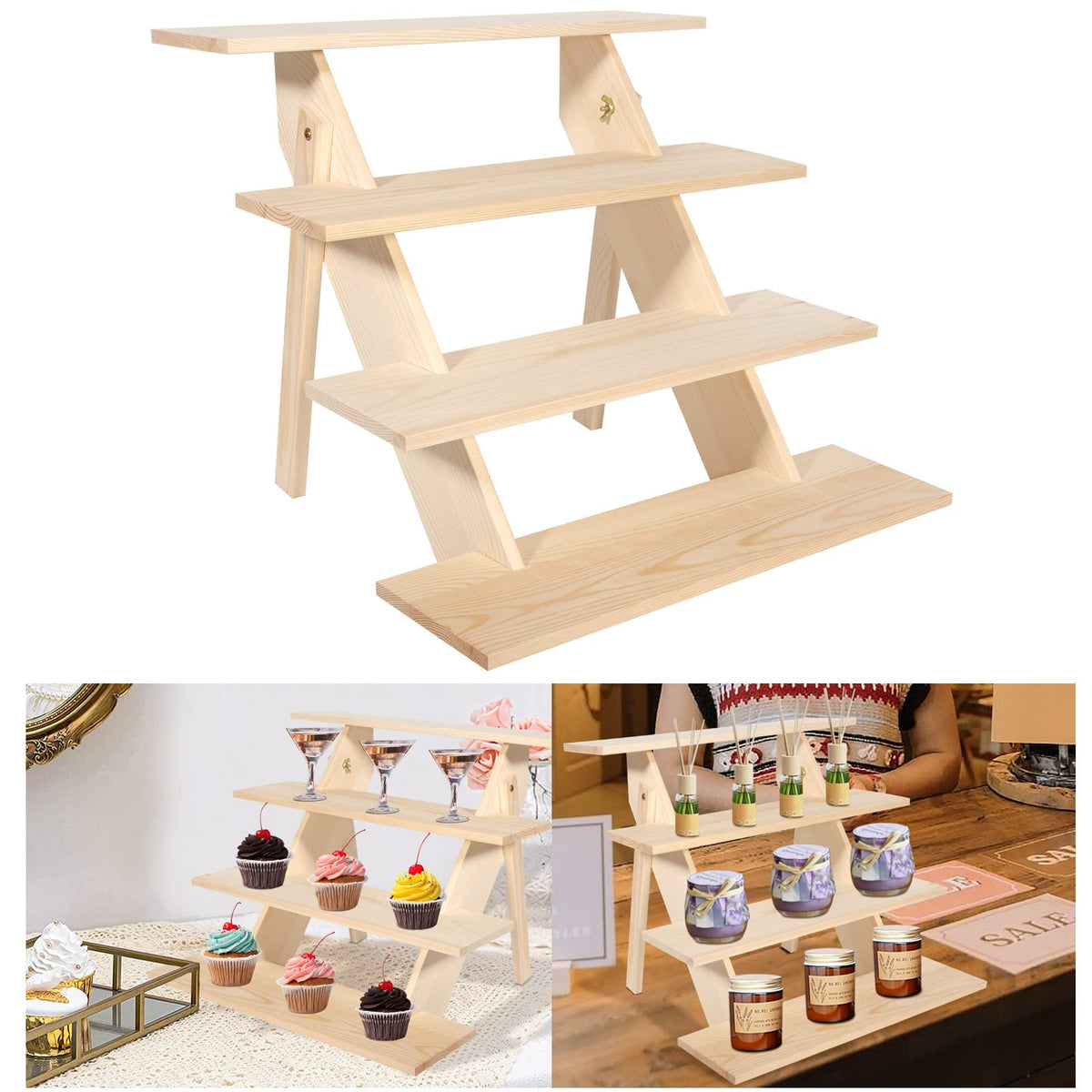 ZYP front view assembled cupcake stand showing rustic display and easy presentation benefit