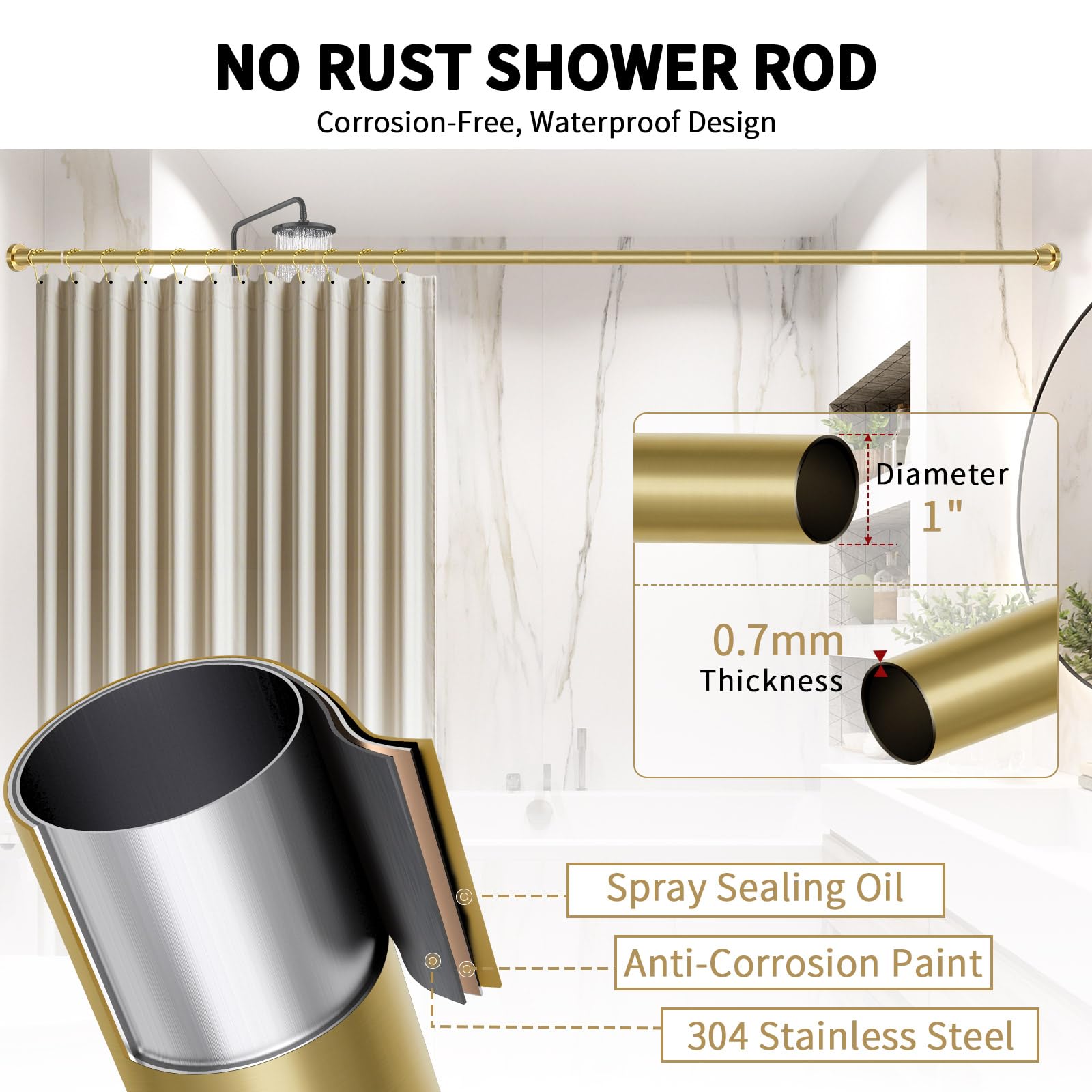 ZYRW rod fully extended in bathroom demonstrating stable no-drill installation
