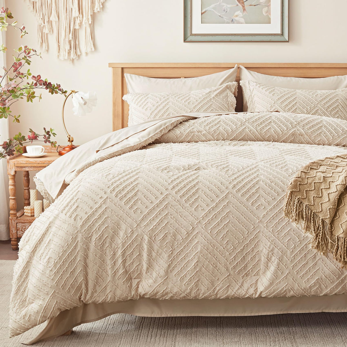Zzlpp front view of beige king comforter set showing full bed coverage and tidy look